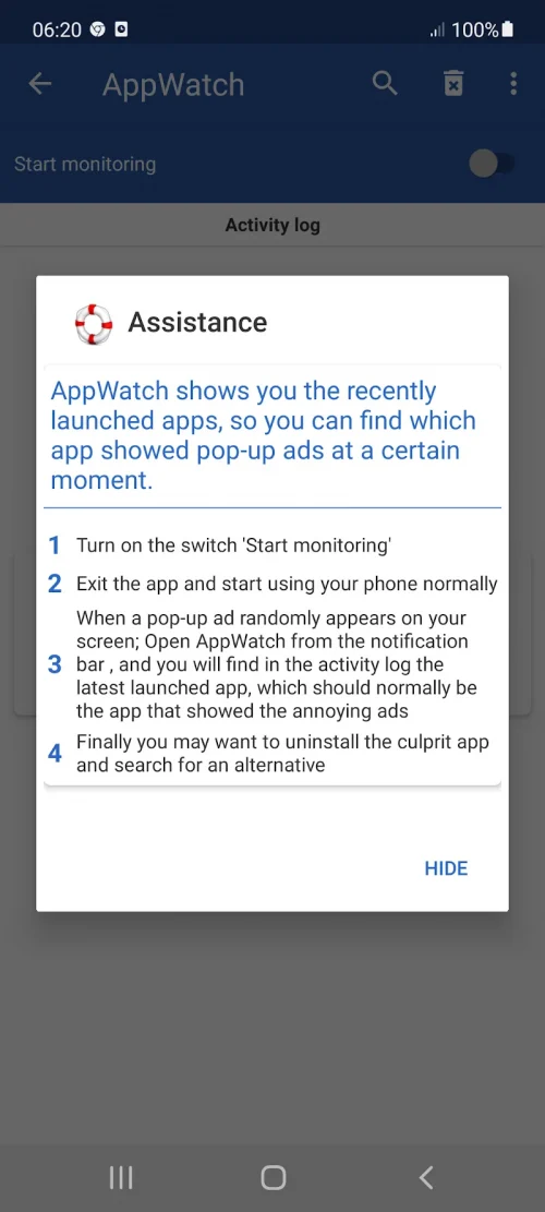 Appwatch : Anti pop-up ads